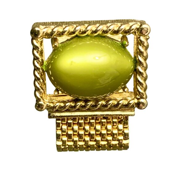 Vintage Swank 60s Cufflinks Chartreuse Green Moonglow Lucite Gold Tone Mesh Wrap - Picture 2 of 8